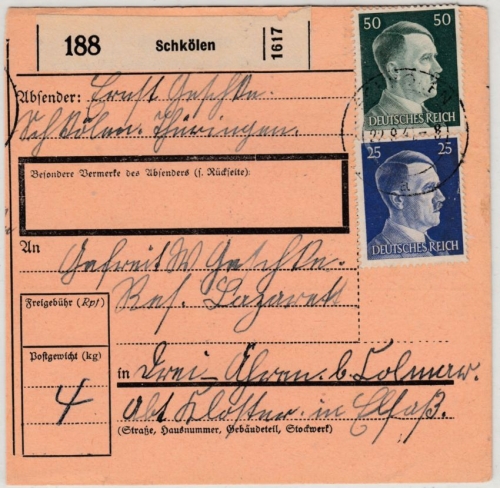 DR - 50+25 Pfg. AH, Paketkarte Schkölen - Drei-Ähren b. Kolmar 1941