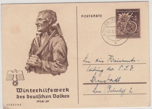 DR - 6 Pfg. WHW Sonder-GA-Karte Böhlen (Thüringerw.) - Arnstadt 1939 Absender !!