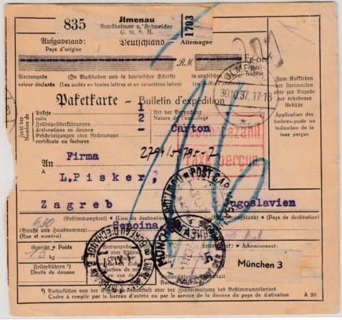 DR - Ilmenau 1937, Gebühr bezahlt, Paketkarte/Selbstbucher n. JUGOSLAWIEN