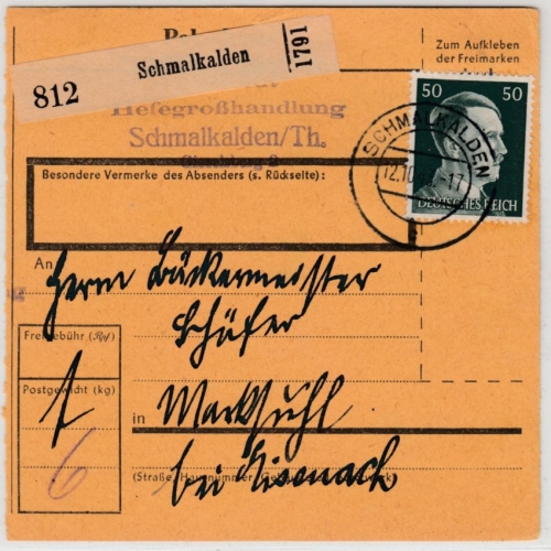 DR - 50 Pfg. AH, Paketkarte Schmalkalden - Marksuhl 1943