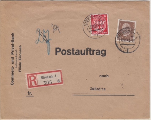 DR - 50 Pfg. Hindenburg u.a., R-Postauftrag Eisenach - Zwönitz 1934