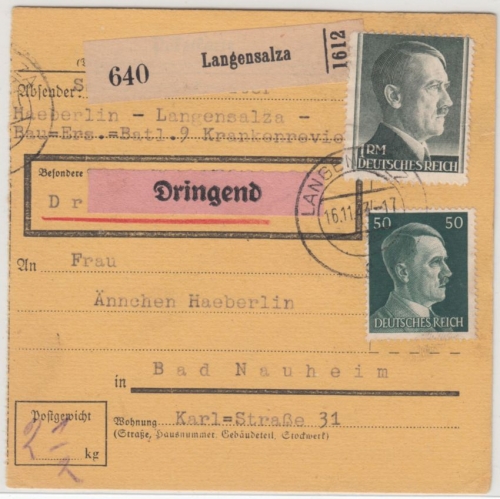 DR - 1 RM AH u.a., Dringend-Paketkarte Langensalza - Bad Nauheim 1943