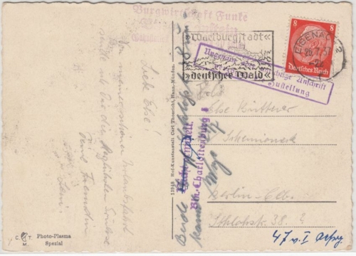 DR - Eisenach 1937, Karte n. Berlin, 2 versch. Retour-Stempel