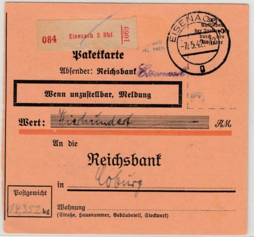DR - 3x80 Pfg. AH, Wertpaketkarte Eisenach 2 - Coburg 1942