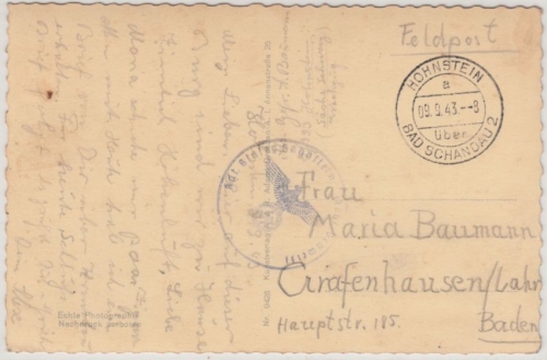 DR - Hohnstein ü. Bad Schandau 2 Poststelle I Feldpostkarte n. Grafenhausen 1943
