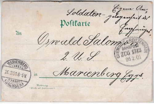 DR - Chemnitz - Reitzenhain Zug 1312 Bahnpost, portofr. Soldatenkarte 1901 n.
