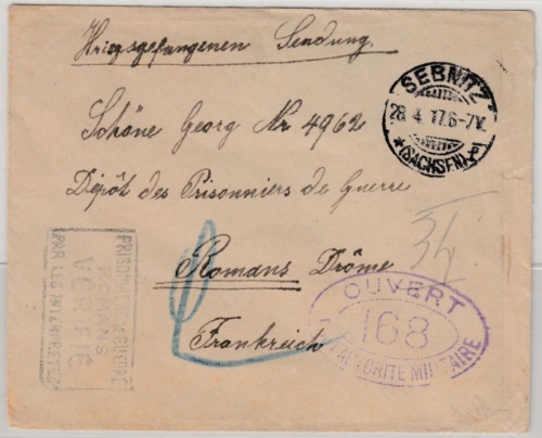 DR - Sebnitz (Sachsen) 1917, Kriegsgefangenenbrief n. Romans/FRANKREICH, Zensur