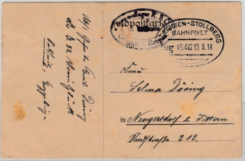 DR - St. Egidien - Stollberg Zug 1840 Bahnpost, Feldpostkarte Oelsnitz 1918 n.