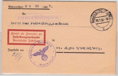 DR - Sonneberg 1937, Zustellurkunde/Frei d. Ablösung n. St. Ilgen b. Heidelberg