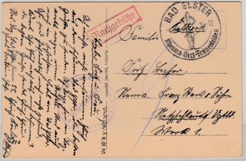 DR - Bad Elster 1940, Karte/Nachgebühr n. Netzschkau, Lazarett-Stempel