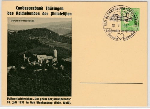 DR - Bad Blankenburg 1937, Postwertzeichenschau, 5 Pfg. Privat-GA-Karte + SST