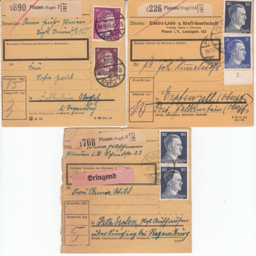 DR - Plauen 1943, 3 Paketkarten n. Erpfenzell/Petzkofen/Falkenstein, versch. PÄ
