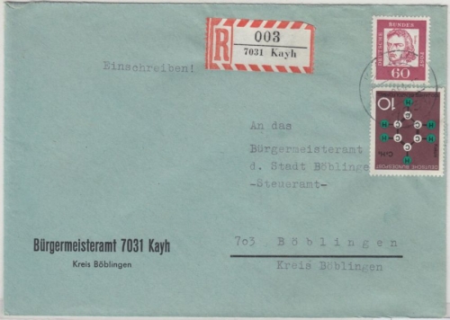 BRD - 7031 Kayh, Einschreibebrief n. Böblingen 1964