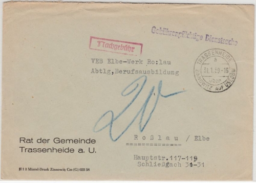 DDR - Trassenheide ü. Zinnowitz auf Usedom 1959, Poststelle I, Brief/Nachporto