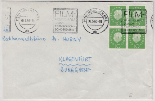 BRD - 10 Pfg. Heuss III, 4er-Block Brief n. ÖSTERREICH München - Klagenfurt 1960