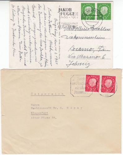 BRD - 10 u. 20 Pfg. Heuss III, je waagr. Paar, Karte bzw. Brief ins Ausland 1960
