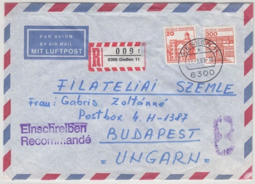 BRD - 300+20 Pfg. B&S, Lupo-Einschreibebrief n. UNGARN, Gießen - Budapest 1988