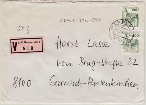 BRD - 2x200 Pfg. B&S, Wertbrief Marburg Lahn 5 - Garmisch-Partenkrichen 1982