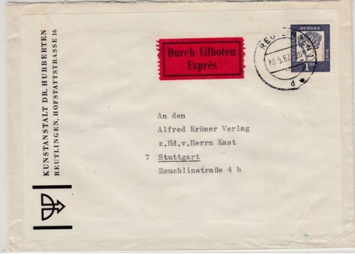 BRD - Reutlingen 1962, apt. Tagesstempel a. Eilbrief n. Stuttgart