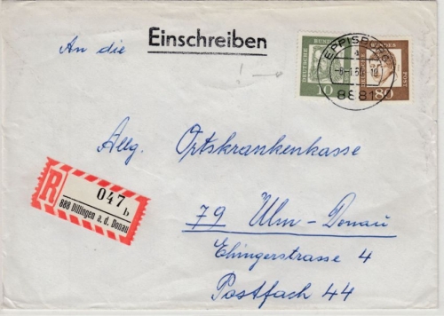 BRD - Eppisdorf Poststelle I/R-Zettel Dillingen, Einschreibebrief n. Ulm 1965