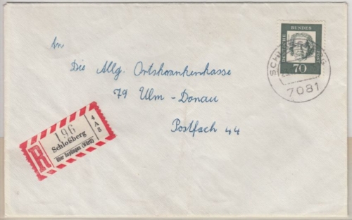 BRD - Schloßberg ü. Bopfingen 1963, Poststelle I, Einschreibebrief n. Ulm