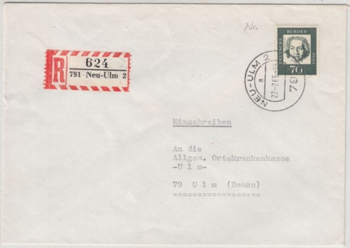 BRD - 70 Pfg. Bed. Deutsche/rs. Zählnummer Einschreibebrief Neu-Ulm 2 - Ulm 1966
