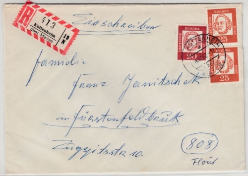 BRD - Kottenheim ü. Mayen, apt. Poststelle I, Einschreibebrief 1962 n.