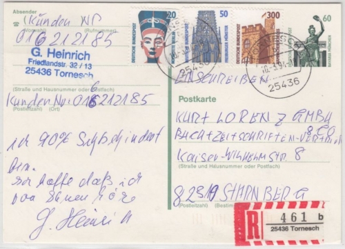 BRD - 60 Pfg. SWK GA-Karte+Zusatz, Einschreibekarte Tornesch - Starnberg 1994