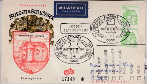 BRD - 2x50 Pfg. B&S, Lupo-Schmuck-FDC n. ST.PIERRE&MIQUELON, ESST Bonn 14.2.80