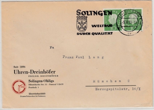 BRD - 10 Pfg. Heuss III, waagr. Paar Brief Solingen - München 1959