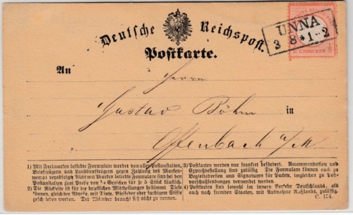 DR - 1/2 Gr. kl. Brustschild, Postkarte Ra2 Unna - Offenbach a.M. 1872