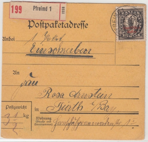 DR-Infla - 2 1/2 M. By.-Abschied/DR, Einschreibepaketkarte Pfreimd - Fürth 1920