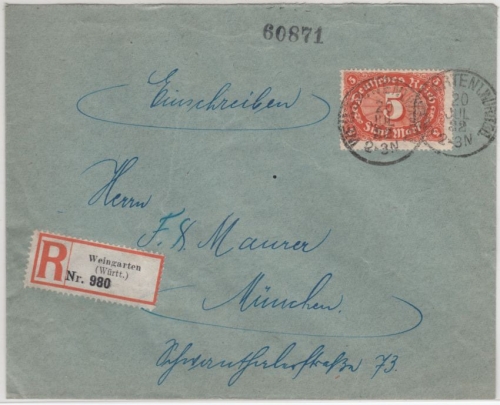 DR-Infla - 5 M. Queroval Einschreibebrief Weingarten - München 20.7.1922