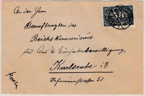 DR-Infla - 50 M. Queroval c-Farbe !! Brief Lahr - Karlsruhe 1923 - geprüft !