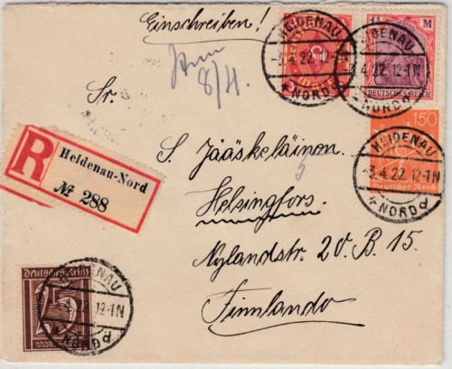 DR-Infla - 1 1/4 M. Germania u.a., Einschreibebrief n. FINNLAND, Heidenau-Nord