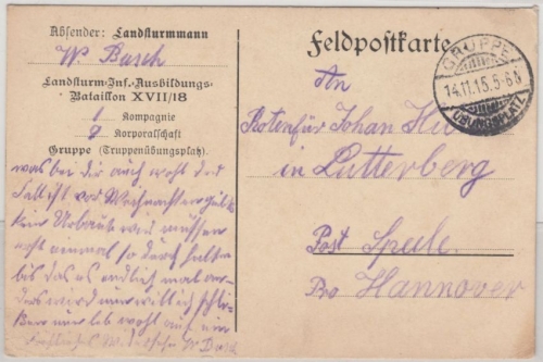 DR - Gruppe (Übungsplatz) 1915, Feldpost-Vordruckkarte n. Lutterberg, Dortmund