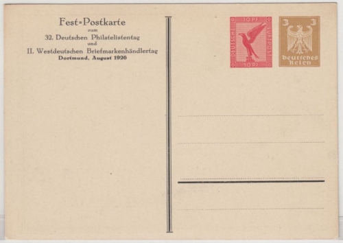 DR - Dortmund 1926, 32. Dt. Philatelistentag, 10+3 Pfg. Privat-GA-Karte ungebr.