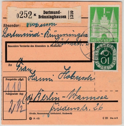 BRD - 1 M.+10 Pfg. Bauten/Posthorn, Paketkarte Dortmund-Brünninghausen 1952 n.