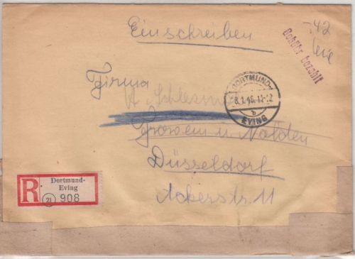 All. Bes. - Dortmund-Eving 1946, Gebühr bezahlt, Einschreibebrief n. Düsseldorf
