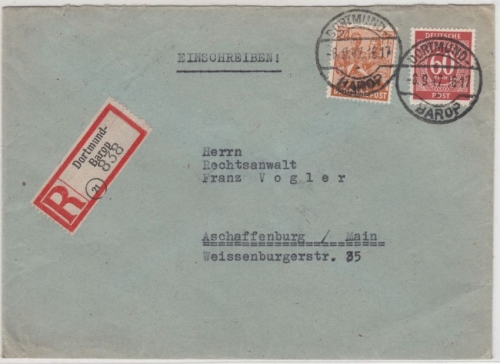 All.Bes. - Dortmund-Barop 1947, Einschreibebrief n. Aschaffenburg