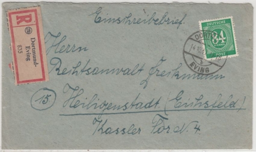 All.Bes. - Dortmund-Eving 1947, Einschreibebrief n. Heiligenstadt