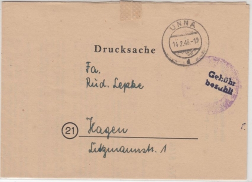 All.Bes. - Unna 1946, Gebühr bezahlt, Drucksache (Landesernährungsamt) n. Hagen