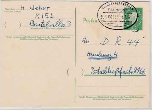 BRD - Aachen - Altenbeken Zug 533, Bahnpost, GA-Karte n. Hamburg 1959