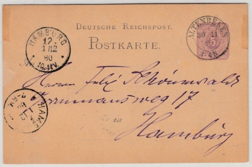 DR - Altenbeken 1880, preuss. K2 a. 5 Pfg. GA-Karte n. Hamburg