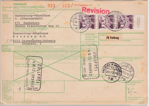 BRD - 3x2 M. Bauwerke, Paketkarte i.d. SCHWEIZ, Paderborn - Dissenhofen 1972