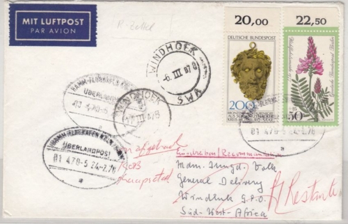 BRD - Überlandpost Hamm-Flughafen Köln/Bonn 01-470-5 Lupo-Brief n. SÜDWESTAFRIKA