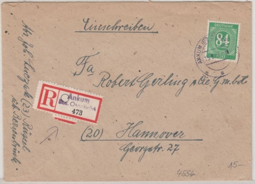 All.Bes. - Ankum Bz. Osnabrück, Einschreibebrief n. Hannover 1947