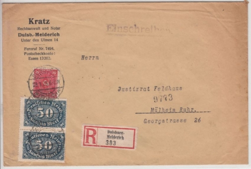 DR-Infla - 2x50 M. Queroval u.a., Einschreibebrief Duisburg-Meiderich - Mülheim