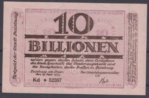 Duisburg 1923 Notgeld 10 Billionen Mark