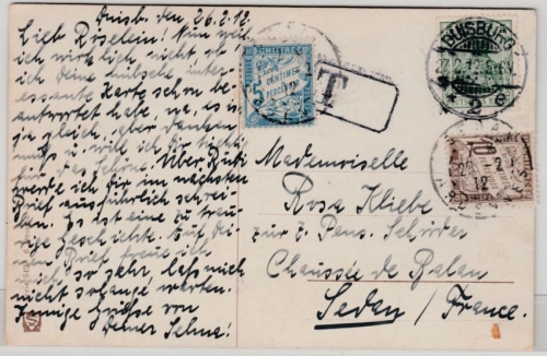 DR - Duisburg 1912, Karte/Nachporto n. FRANKREICH, 5+10 Ct. franz. Portomarken
